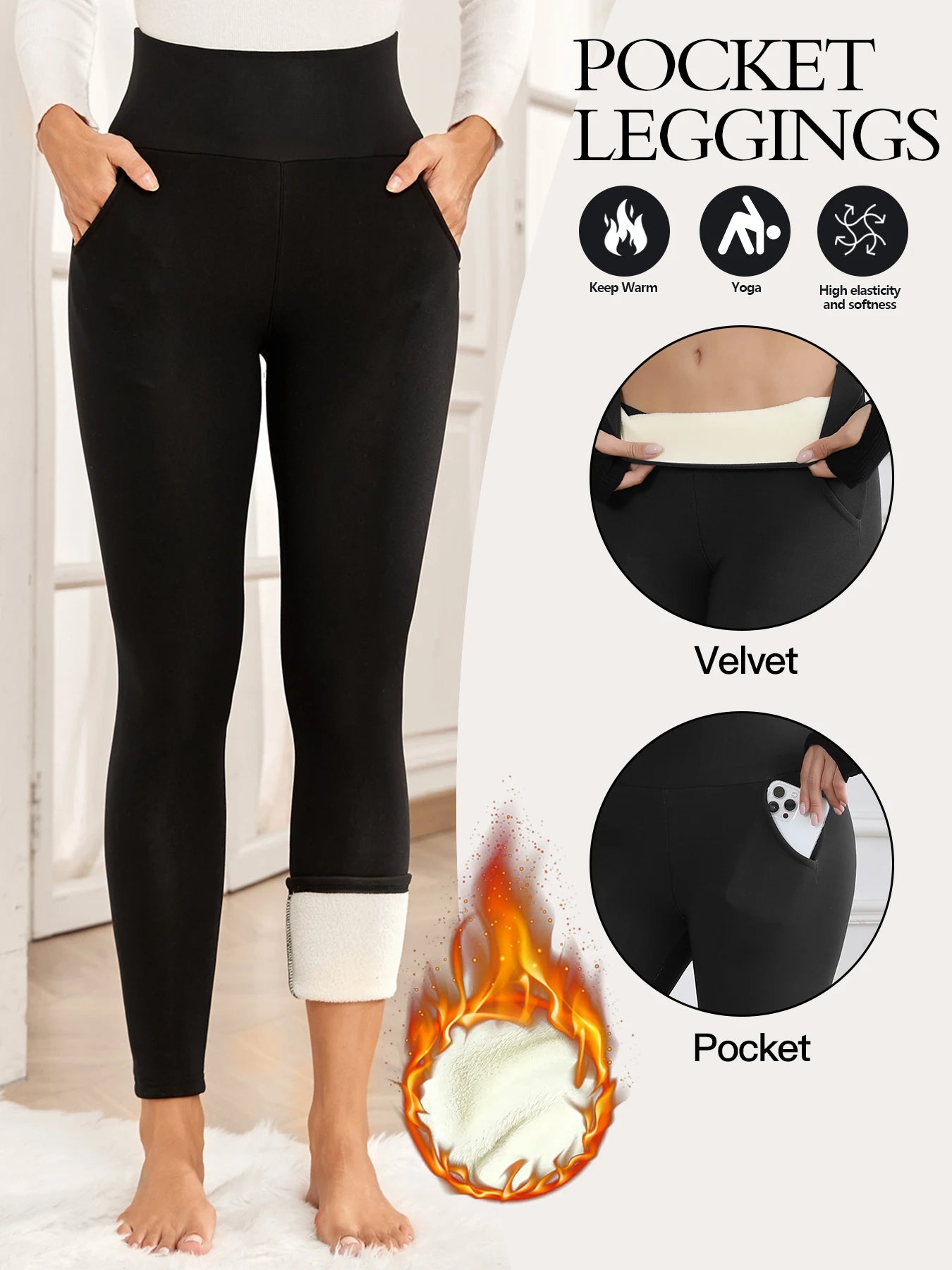 Winter Warm Pockets Thick Leggings Women High Waist Casual Velvet Warm Leggings Prevent Cold Thermal Pants
