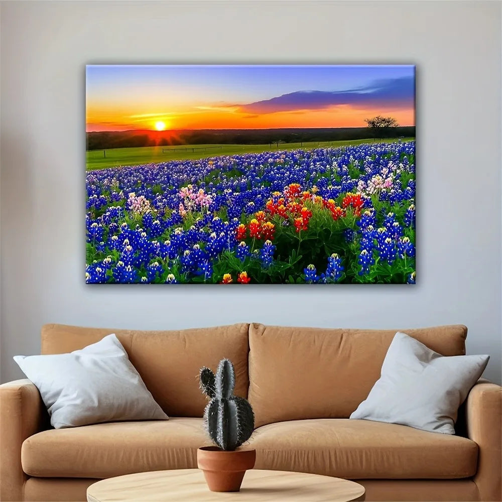 1.5 "thick pine frame Blue lily sunset canvas art, vibrant wildflower landscape wall decoration,suitable for interior decoration