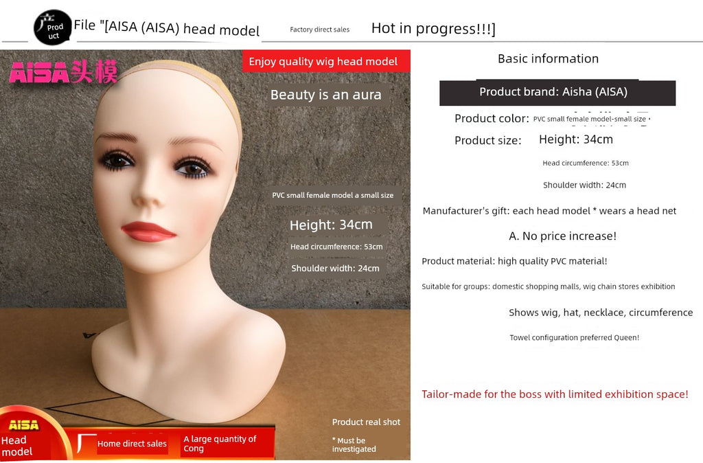 PVC Material Model Head New Arrival Small Size 34cm High-Selling Female Model Wig Scarf Ornament Model for Jewelry Display