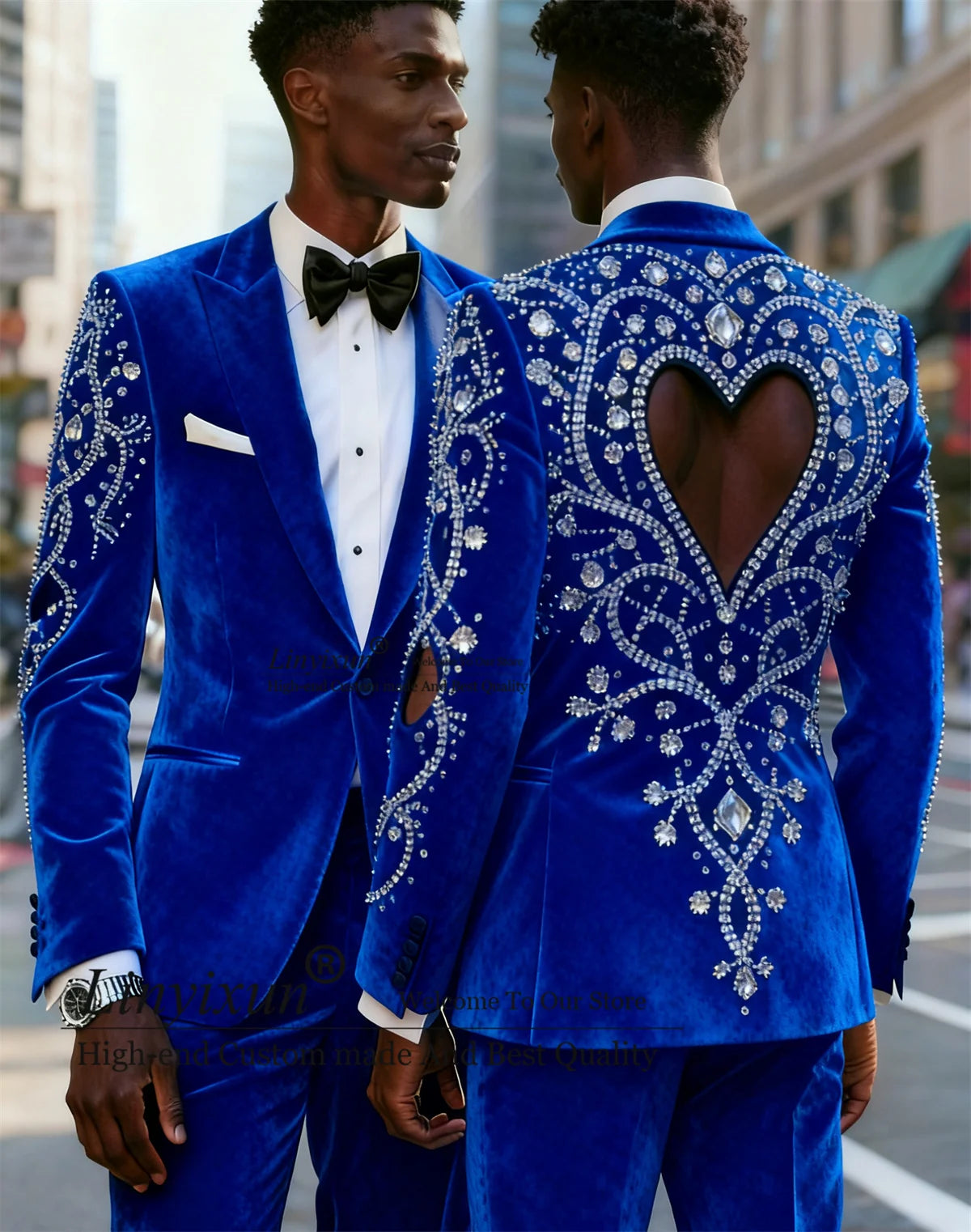 Fashion Velvet Men Suits Customized Sparkly Diamond Rhinstone Ropa Blazer 2 Pieces Sets Groom Wedding Tuxedos Slim Costume Homme