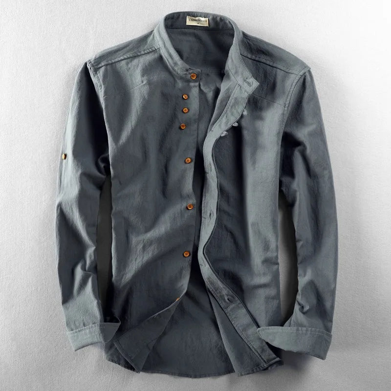 Men’s Linen Mandarin Collar Shirt Chinese Style Casual Long Sleeve Button-Up Tunic Long Sleeve Full Button Male's Clothing 7XL