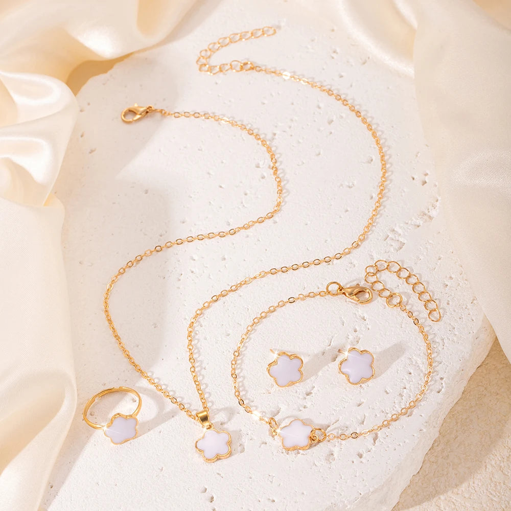 5pcs/set Stainless Steel Lucky Five Petal Flower Jewelry SetBracelet Necklace Earrings Jewelry Set, Perfect For Giving Gifts