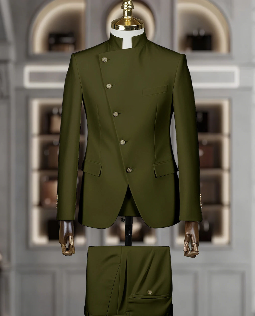 Fashion Stand Collar Men Suits 2 Piece Formal Single Breasted Smart Casual Outfits Solid Color Chic Wedding Party Slim Male Suit