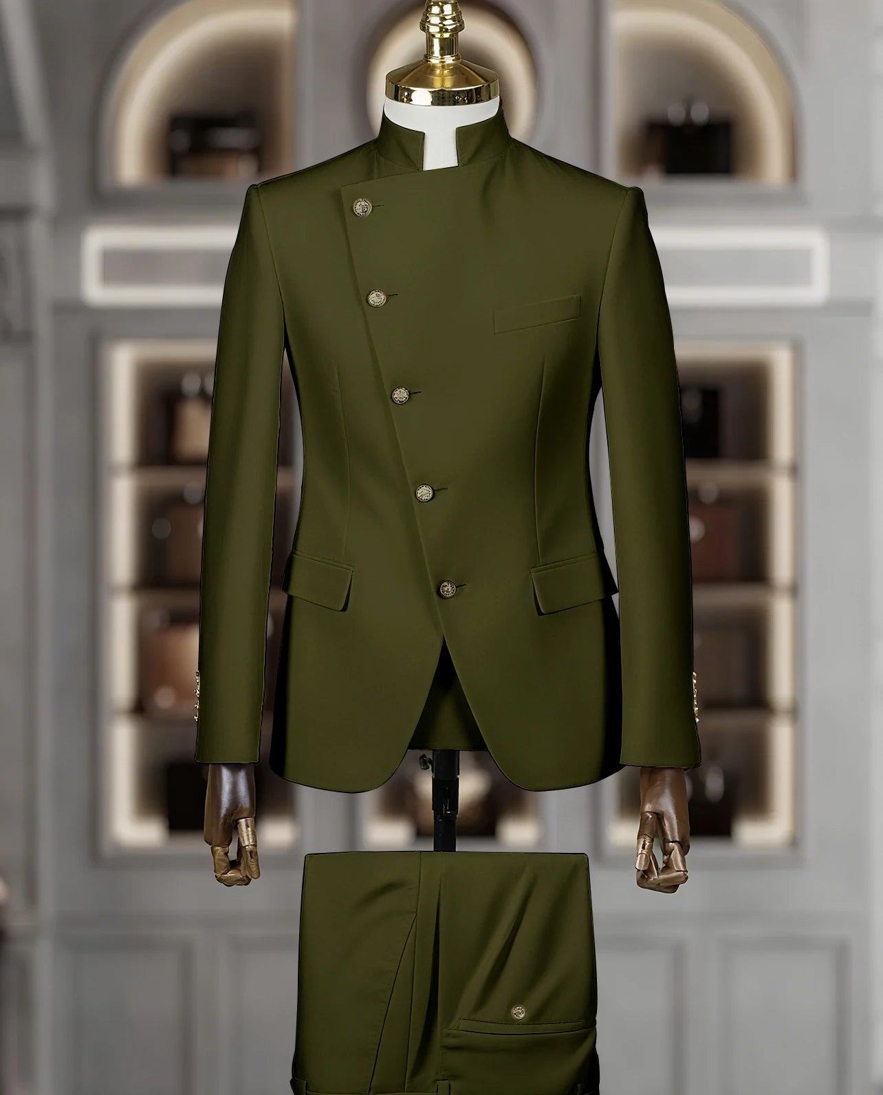 Fashion Stand Collar Men Suits 2 Piece Formal Single Breasted Smart Casual Outfits Solid Color Chic Wedding Party Slim Male Suit