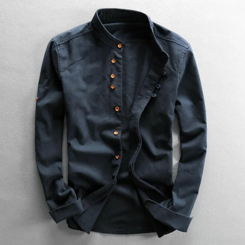 Men’s Linen Mandarin Collar Shirt Chinese Style Casual Long Sleeve Button-Up Tunic Long Sleeve Full Button Male's Clothing 7XL