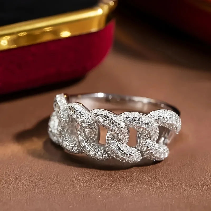 1pc S925 Silver Inlaid 4.2CT Moissan Double Line Cuban Ring, Hip Hop Rings for Men and Women, Eternity Band Rings, Moissan Gemst