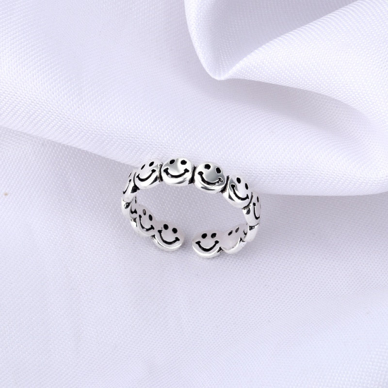 New Funny Silver Color Happy Smiling Face Open Rings for Women Punk Hip Hop Adjustable Ring Fashion Jewelry for Women