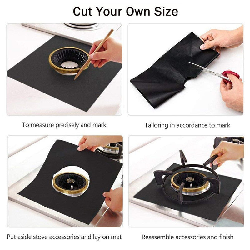 Step-by-step stove burner cover installation with cutting black heat-resistant mat for protection