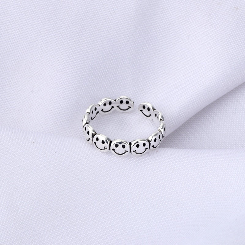 New Funny Silver Color Happy Smiling Face Open Rings for Women Punk Hip Hop Adjustable Ring Fashion Jewelry for Women