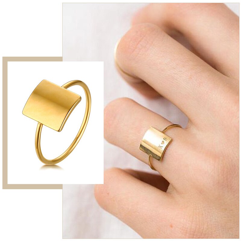 Minimalist Rectangle Signet Ring for Women Personalized Name Stamp Band Gold Tone Stainless Steel Jewelry Custom Initial Gift - Heavenly shershelle