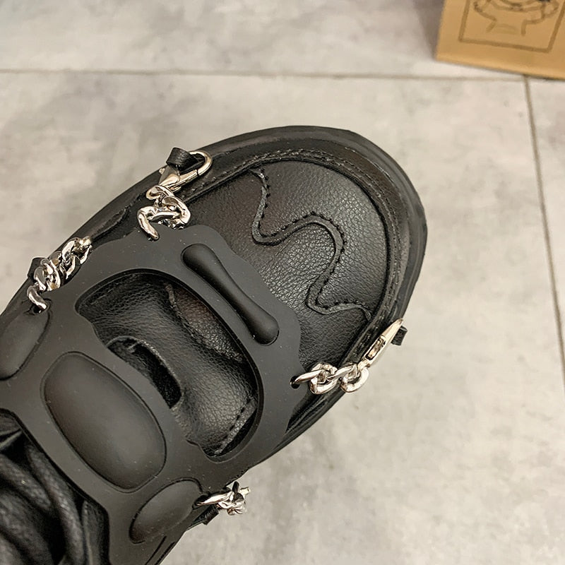 New Leather Womens Ladies Ankle Boots Mid Heel Lace Up Worker Army Black Goth Shoes Autumn Sexy Chain High Quality P416 - Heavenly shershelle