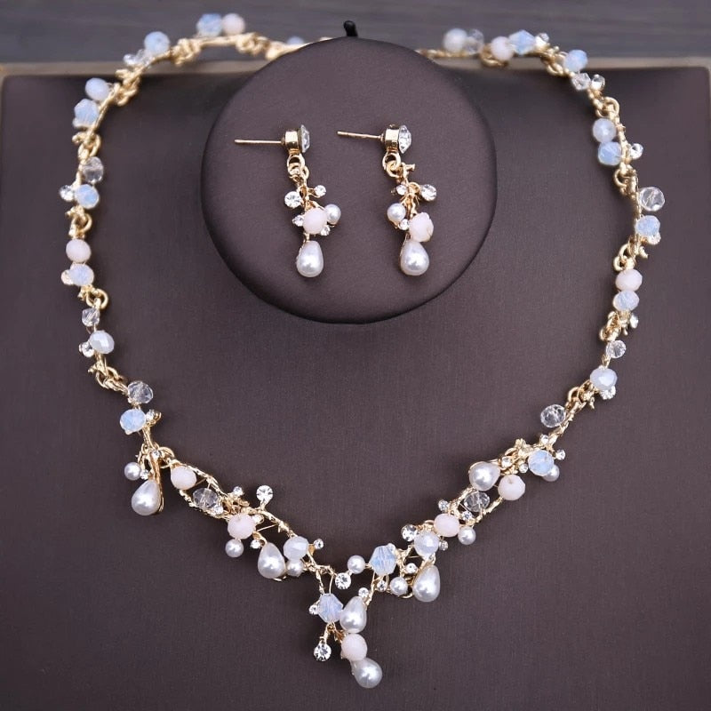 Luxury Crystal Beads Pearl Butterfly Costume Jewelry Sets Floral Rhinestone Choker Necklace Earrings Tiara Wedding Jewelry Set - Heavenly shershelle