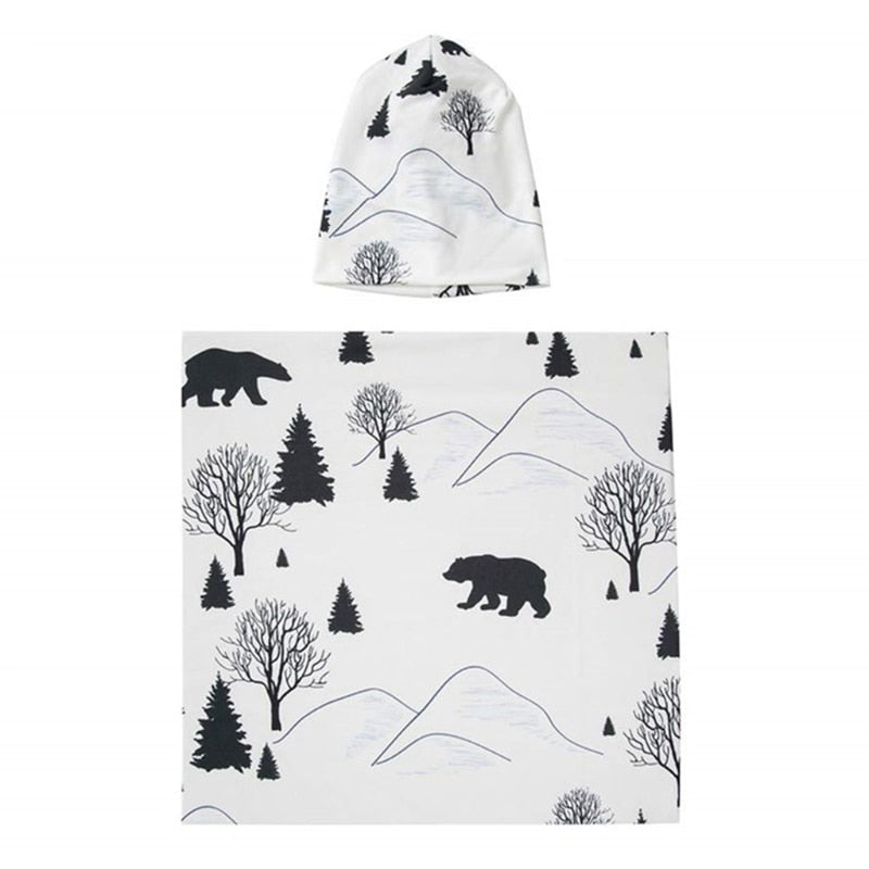 2Pcs Newborn Baby Printing Receiving Blanket Hat Set Infants Swaddle Wrap Sleeping Bag Hair Band Kit
