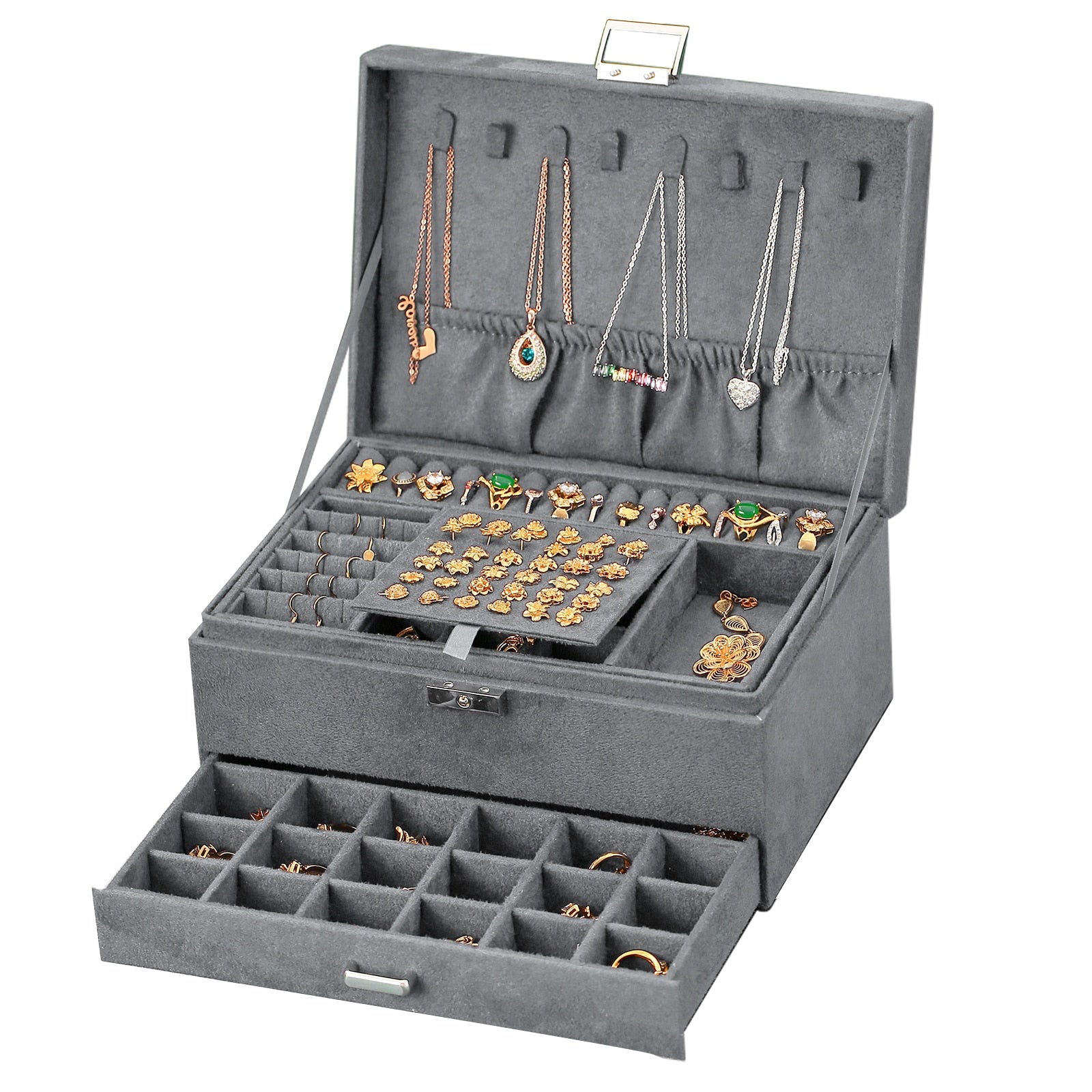 WE Oversized 3-layes Black Flannel Jewelry Box boite a bijou Jewelry Organizer Necklace Earring Ring Storage Box for Women Gifts - Heavenly shershelle