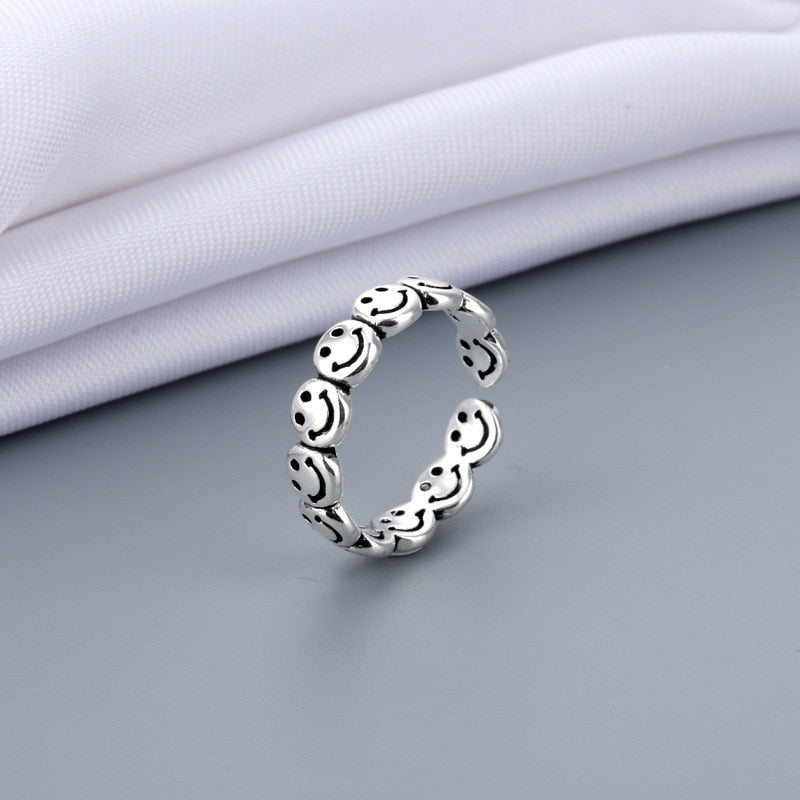 New Funny Silver Color Happy Smiling Face Open Rings for Women Punk Hip Hop Adjustable Ring Fashion Jewelry for Women