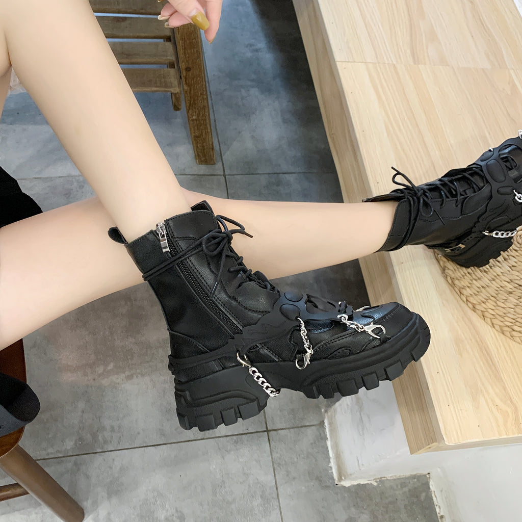 New Leather Womens Ladies Ankle Boots Mid Heel Lace Up Worker Army Black Goth Shoes Autumn Sexy Chain High Quality P416 - Heavenly shershelle