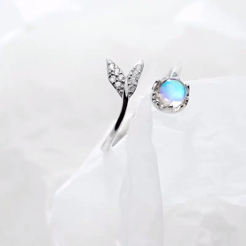 Real 925 Sterling Silver Cute tail moonstone Personality Adjustable Ring Fine Jewelry For Women Party Elegant Accessories - Heavenly shershelle