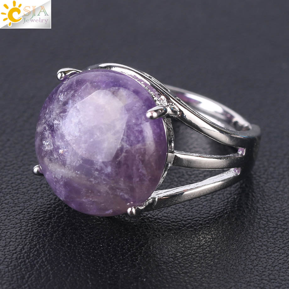 CSJA Crystal Ring for Women Natural Stone Ring Round Beads Finger Rings Amethysts Purple Quartz Silver Color Party Jewelry F476 - Heavenly shershelle