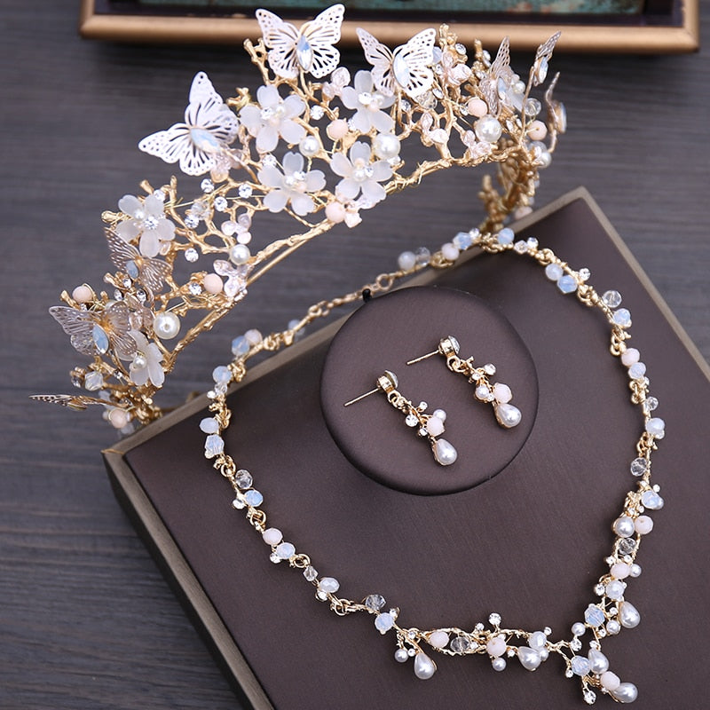 Luxury Crystal Beads Pearl Butterfly Costume Jewelry Sets Floral Rhinestone Choker Necklace Earrings Tiara Wedding Jewelry Set - Heavenly shershelle