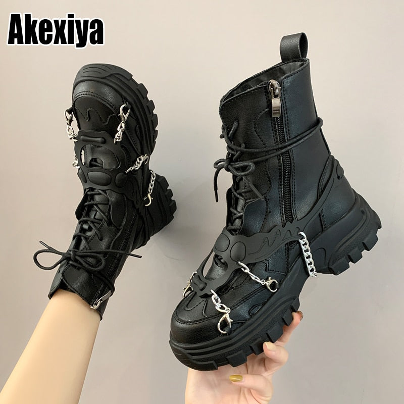 New Leather Womens Ladies Ankle Boots Mid Heel Lace Up Worker Army Black Goth Shoes Autumn Sexy Chain High Quality P416 - Heavenly shershelle