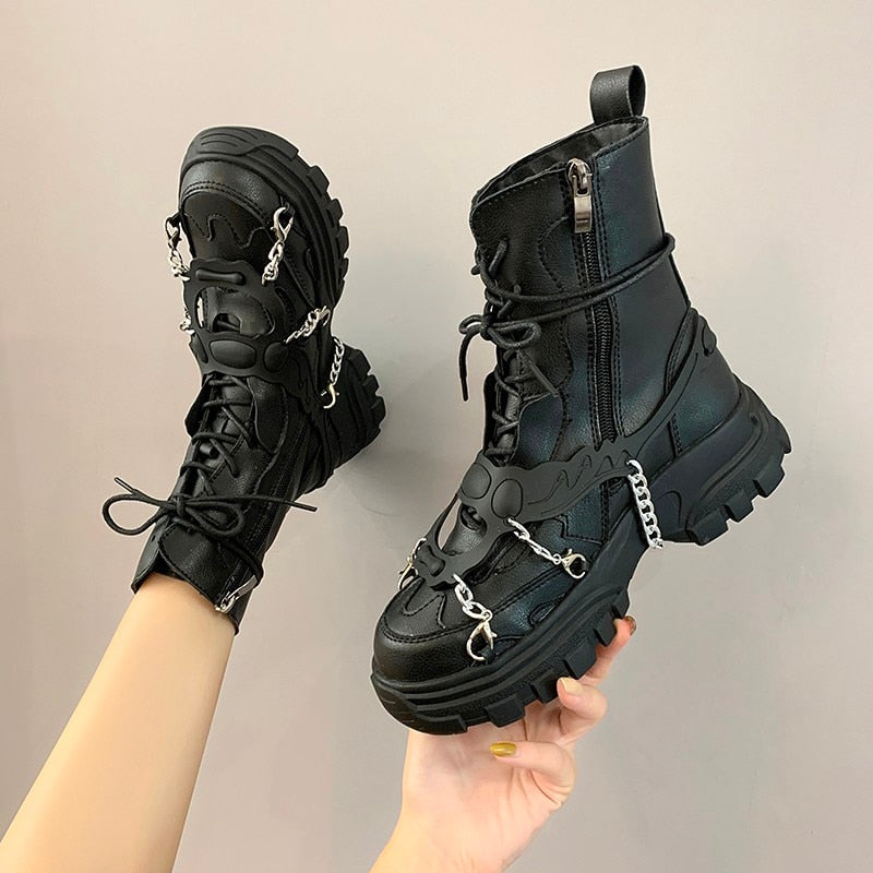 New Leather Womens Ladies Ankle Boots Mid Heel Lace Up Worker Army Black Goth Shoes Autumn Sexy Chain High Quality P416 - Heavenly shershelle
