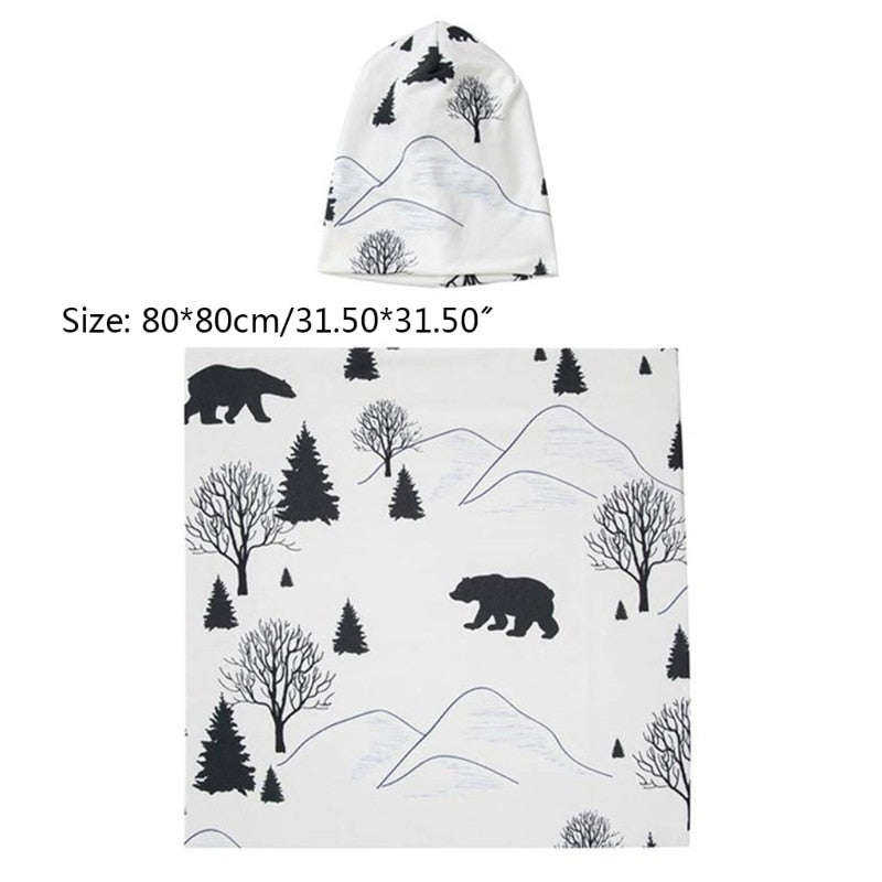 2Pcs Newborn Baby Printing Receiving Blanket Hat Set Infants Swaddle Wrap Sleeping Bag Hair Band Kit