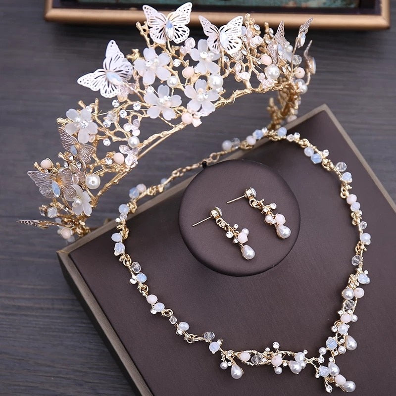 Luxury Crystal Beads Pearl Butterfly Costume Jewelry Sets Floral Rhinestone Choker Necklace Earrings Tiara Wedding Jewelry Set - Heavenly shershelle