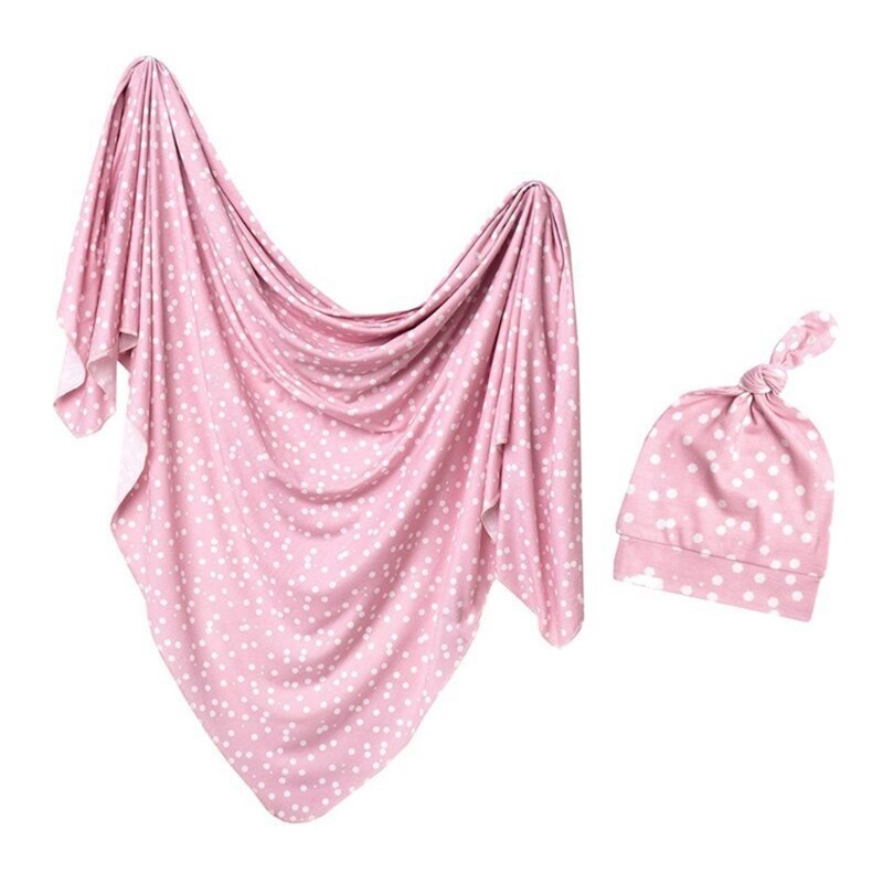 2Pcs Newborn Baby Printing Receiving Blanket Hat Set Infants Swaddle Wrap Sleeping Bag Hair Band Kit