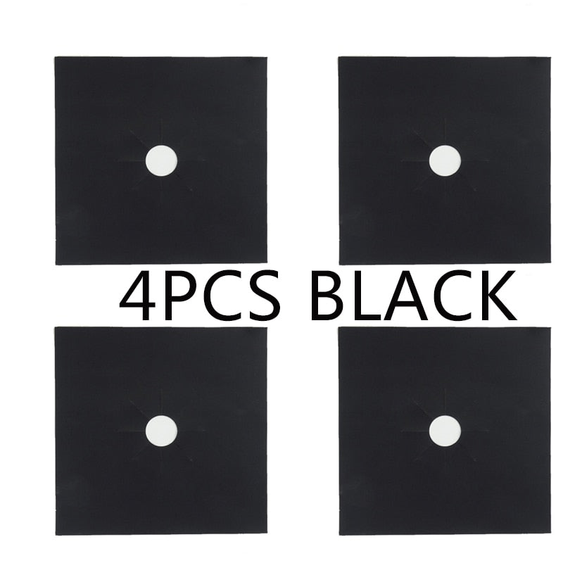 Set of 4 black square gasket seals with central round holes for plumbing or mechanical use