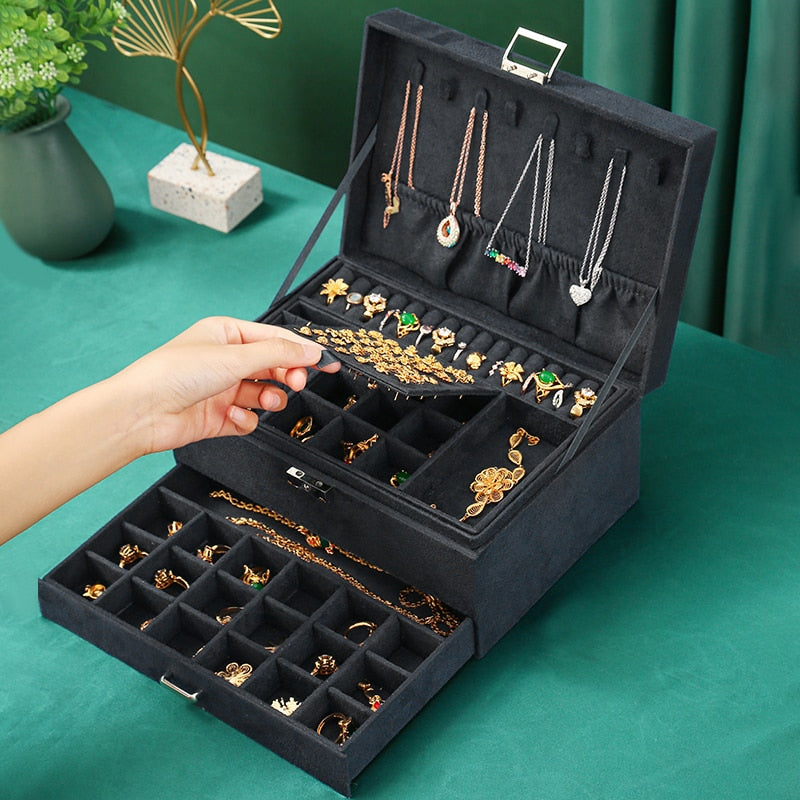 WE Oversized 3-layes Black Flannel Jewelry Box boite a bijou Jewelry Organizer Necklace Earring Ring Storage Box for Women Gifts - Heavenly shershelle