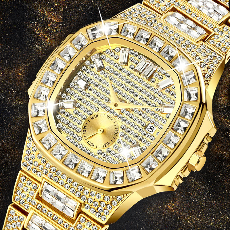 Full of Crystals Men's Watch Gold Men's Watches Calendar Quartz Watch Golden