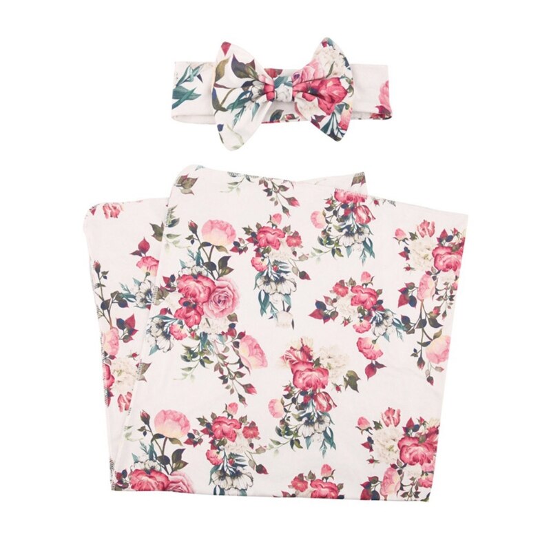 2Pcs Newborn Baby Printing Receiving Blanket Hat Set Infants Swaddle Wrap Sleeping Bag Hair Band Kit