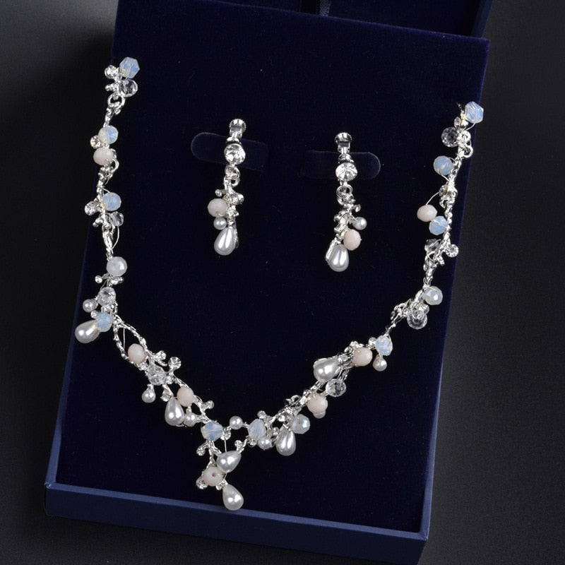 Luxury Crystal Beads Pearl Butterfly Costume Jewelry Sets Floral Rhinestone Choker Necklace Earrings Tiara Wedding Jewelry Set - Heavenly shershelle