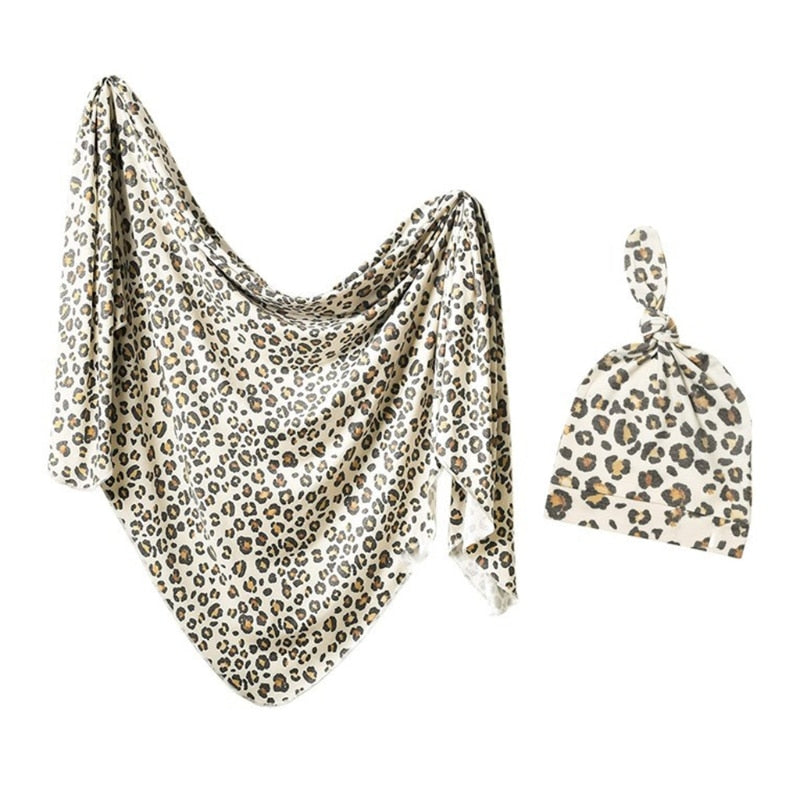 2Pcs Newborn Baby Printing Receiving Blanket Hat Set Infants Swaddle Wrap Sleeping Bag Hair Band Kit