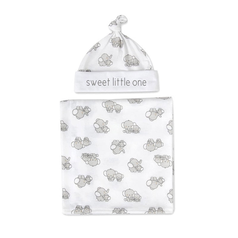 2Pcs Newborn Baby Printing Receiving Blanket Hat Set Infants Swaddle Wrap Sleeping Bag Hair Band Kit